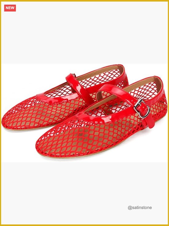 Shoes - Mesh Ballet Flats with Buckle Strap - Comfy Office Fishnet Ballerina Shoes